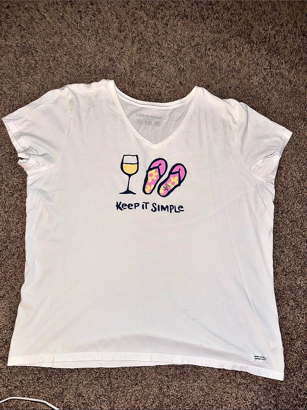 Life Is Good Keep It Simple Flip Flops and Wine Crusher Lite V-Neck Tee